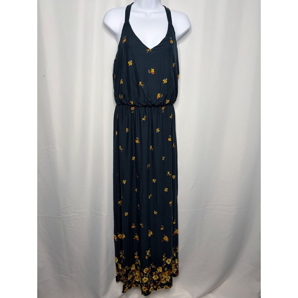 Nine Britton Womens Navy Blue Yellow Floral V-Neck Boho‎ Cottage Maxi Dress Sz S